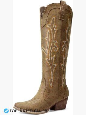 Western Embroidered Pull-On Knee-High Cowgirl Boots Pointed Toe